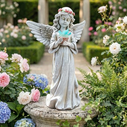 Angel Garden Statue, Solar Angel Figurines Hold Bird's Nest with LED Lights - style: Dove