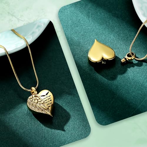 Love Heart Cremation Jewelry Urn Necklaces Wing Urn Necklaces for Ashes Memorial Keepsake Pendant for Women Men Gifts With Funnel Kit & Bag - color: Gold