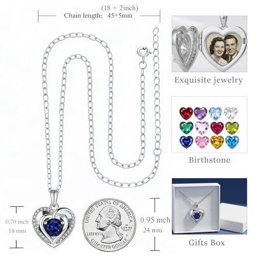 Locket Heart Necklace that Holds Pictures Photo Lockets Birthstone Pendant Anniversary Memorial Jewelry Gifts for Women - color: 09-September-Silver-Heart Locket