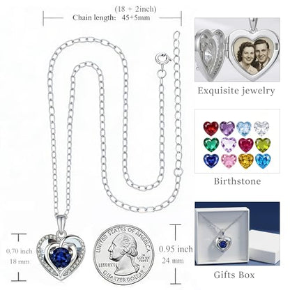 Locket Heart Necklace that Holds Pictures Photo Lockets Birthstone Pendant Anniversary Memorial Jewelry Gifts for Women - color: 09-September-Silver-Heart Locket