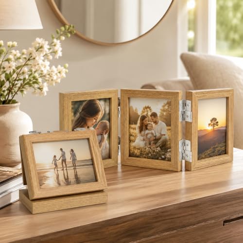 Collage Picture Photo Frames - 3.5x5, Triple Hinged 3 Desk Picture Frame, Wooden Desk Tabletop Family Photo Frame with Glass Opening, Decorative Folding Trifold Picture Frame Stand Vertical, Natural Wood - style: Collage Natural Wood 3-Fold,3×3.5"