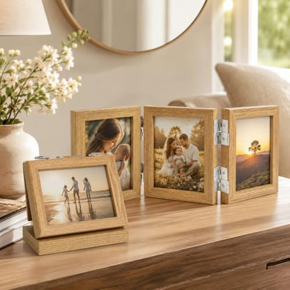 Collage Picture Photo Frames - 3.5x5, Triple Hinged 3 Desk Picture Frame, Wooden Desk Tabletop Family Photo Frame with Glass Opening, Decorative Folding Trifold Picture Frame Stand Vertical, Natural Wood - style: Collage Natural Wood 3-Fold,3×3.5"