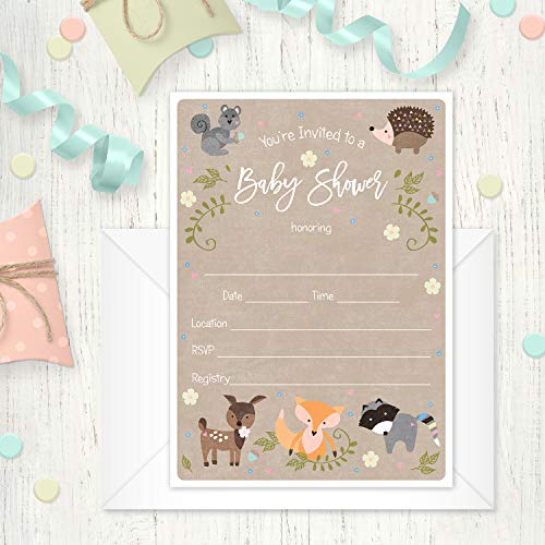 Canopy Street Woodland Animals Baby Shower Invitation / 25 Adordable Animals Themed Fill In Baby Shower Invites / 5" x 7" New Baby Forest Animal Invitation Cards - color: Baby Woodland