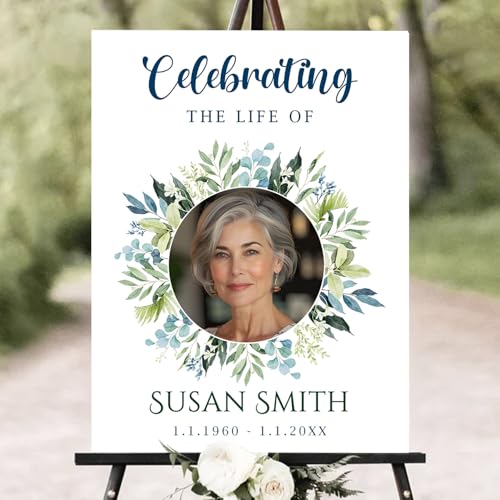 Personalized Funeral Welcome Sign – Celebration of Life Sign with Photo, Custom Memorial Sign with Floral Frame, Minimalist Memory Board for Funeral Décor (Design 18). - color: Design 18