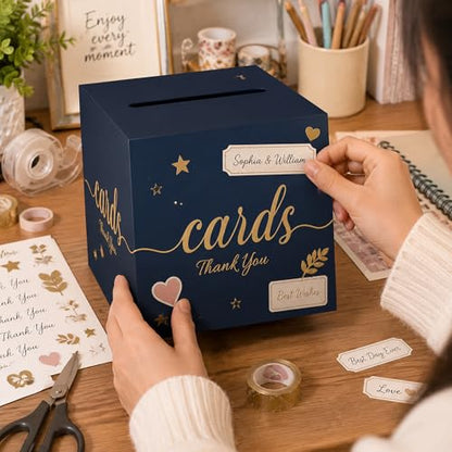 Wedding Card Box with Slot Navy Blue Gold 7.8 in Baby Shower Party | Graduation, Birthday, Bridal Shower, Wedding Reception, Holds Cards & Envelopes, Gift Cards, Easy Assembly, Folds Flat - color: BlueGoldThanks