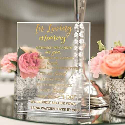 Qunclay Memorial Table Sign Loving Memory with Stand for Wedding,Elegant | 8.3 X 11 Inch Acrylic Sign, Gold Printed Text, Clear Stand, Reception Funeral Table Decor, Elegant Remembrance Gift