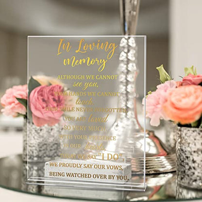 Qunclay Memorial Table Sign Loving Memory with Stand for Wedding,Elegant | 8.3 X 11 Inch Acrylic Sign, Gold Printed Text, Clear Stand, Reception Funeral Table Decor, Elegant Remembrance Gift