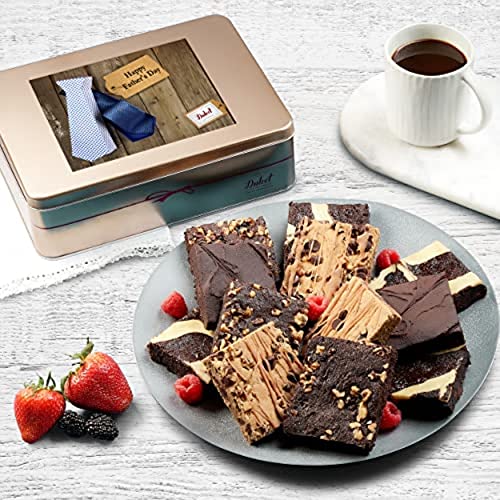 Dulcet Gift Baskets Happy Fathers Day Chocolate Fudge Brownie Assortment Gift Tin, Fresh Baked Snacks Yummy Flavors including Chocolate Cheese -Walnut -Fudge-Chip Blondie Great for Men, Friends and Family. - color: Father's Day