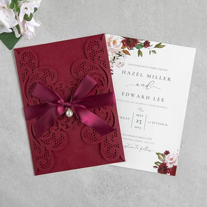 20Pcs Burgundy Laser Cut Wedding Invitation Cards With Envelopes - color: Burgundy