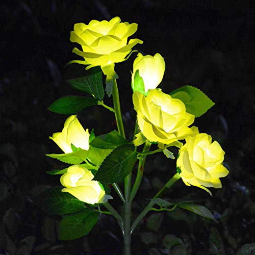 [Upgraded 6 Flowers]Solar Powered Artificial Rose Flower Lights,Waterproof Outdoor Garden Accent Lighting for Summer Country Field Yard Pathway Balcony Memorial Cemetery Gravesite Decorations, Yellow - color: Yellow