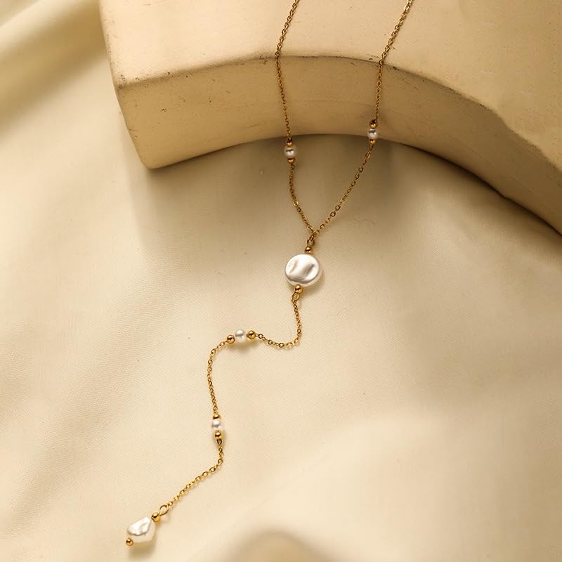Silver/Gold Plated Angel Wing Pendant Necklace for Women Men | 18K Gold Guardian Angel Wings Feather Necklace Stainless Steel Simple Minimalist Necklaces Birthday Christmas Jewelry Gifts - color: Pearl Gold Y Necklace