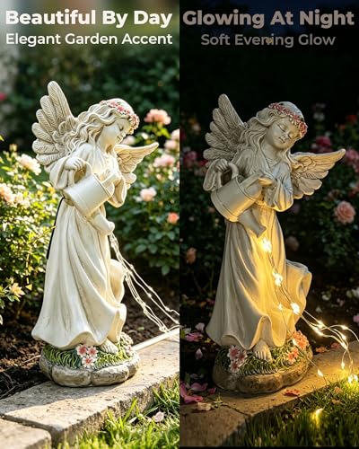 Solar Angel Statue, Warm Light Resin Garden Decor, 10 Inch | Hand-Painted, Weatherproof, Soft Warm Flowing Light, Gift for Women, Peaceful Accent
