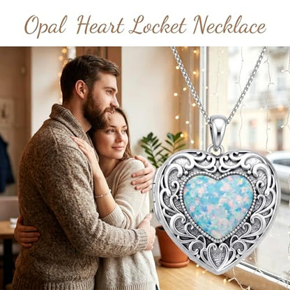 Filigree Opal Locket Pendant Necklace Heart Picture Necklaces 18K White Gold plated Jewelry Memorial Gift for Women Female