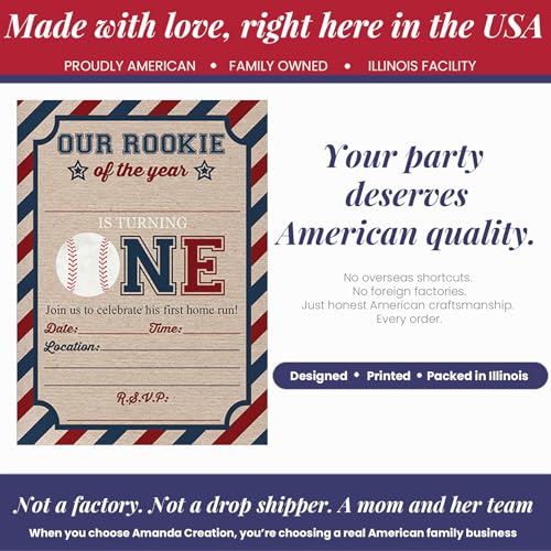 Rookie Of The Year Baseball Themed 1st Birthday Party Invitations for Boys, 20 5x7 Fill In Cards with Twenty White Envelopes by AmandaCreation - style: Rookie Of The Year Baseball