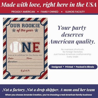 Rookie Of The Year Baseball Themed 1st Birthday Party Invitations for Boys, 20 5x7 Fill In Cards with Twenty White Envelopes by AmandaCreation - style: Rookie Of The Year Baseball