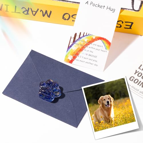 EYxsaxenk Loss of Pet Sympathy Gift - Blue Gold Foil Mini Paw Pocket Hug and Rainbow Bridge Memorial Card Envelope Remembrance Gift for Loss of Dog Cat Sympathy Favor Pet Lover Adult Stress Relief Toy - color: Blue + Rainbow Card