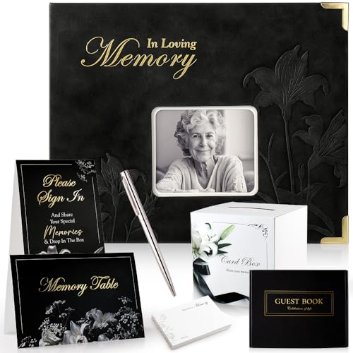 molekaus Funeral Guest Book for Memorial Service 108pages | Celebration of Life Guest Book Set for Funeral Sign in 8.5X10.7in,50 Cards, Table Signs, a Card Box, and a Silver Pen - color: Black