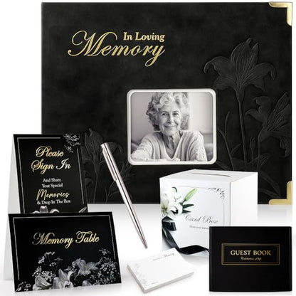 molekaus Funeral Guest Book for Memorial Service 108pages | Celebration of Life Guest Book Set for Funeral Sign in 8.5X10.7in,50 Cards, Table Signs, a Card Box, and a Silver Pen - color: Black