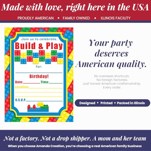 Building Blocks Birthday Party Invitations, 20 5x7 Fill In Cards with Twenty White Envelopes by AmandaCreation - color: Building Blocks