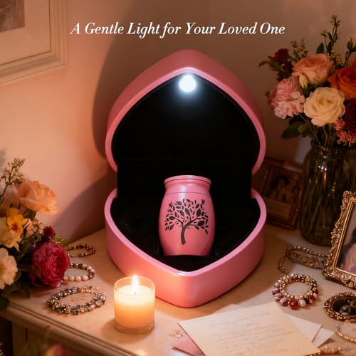 Small Urns for Human Ashes Keepsake - 1.6" Pink Mini Cremation Urn with Necklace Heart Box - Very Feminine Pretty Tiny Funeral Urn - Little Miniature Urn Memorial Gift for Baby Mom Sister Women Female - color: Pink