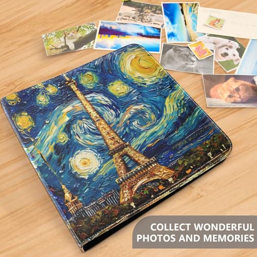JIPONI Eiffel Tower Paris Van v Gogh Large Photo Album, DIY Leather Cover Scrapbook Albums for 4x6 5x7 6x8 Pictures, Self Adhesive Memory Book for Wedding, Travel, Family - color: Paris Eiffel Tower