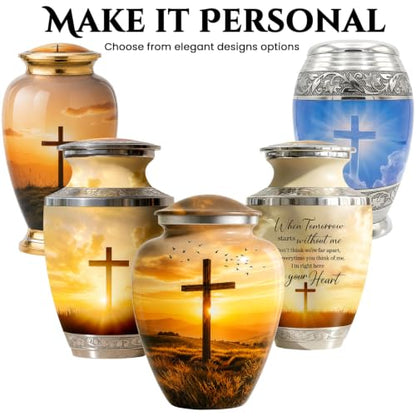 Custom Engraved Plaque Serenity Sunset Cross Urn for Human Ashes Set of 6 Includes 1Large Funeral Urn for Adult Male & Female with 4 Small Keepsake Urn & 1 NecklaceUrn to Memory of Your Loved Ones - color: Serenity Cross Set - Plaque