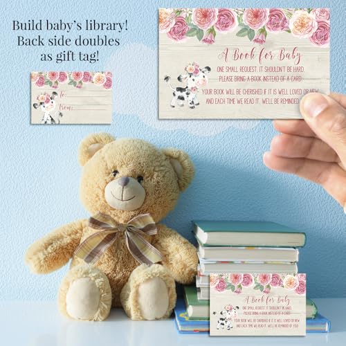 Baby Shower Invites for Girls – Watercolor Pink Floral Cow Baby Shower Invitation Bundle with Diaper Raffle Tickets, Book Request Cards & Envelopes. Set of 20 5X7 Pink Cow Invitation Kit Sets - style: Cow