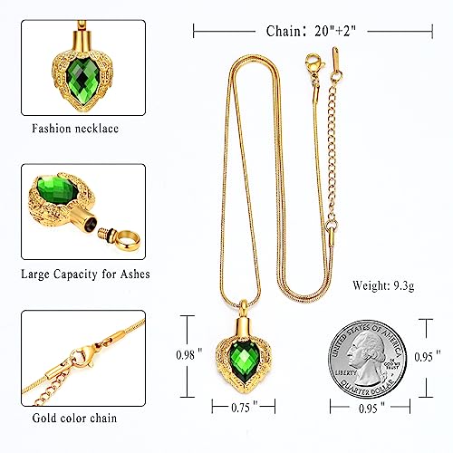 memorial jewelry Gold Angel Wings Glass Heart Urn Pet/Human Cremation Pendant Necklace Jewelry for Ashes - color: Green