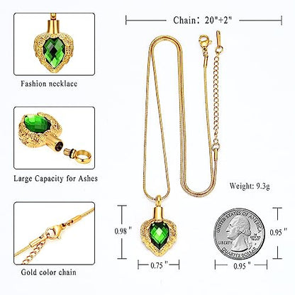 memorial jewelry Gold Angel Wings Glass Heart Urn Pet/Human Cremation Pendant Necklace Jewelry for Ashes - color: Green