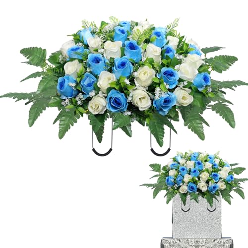 Artificial Cemetery Flowers Saddle,Cemetery Grave Decoration Headstone Flower Saddle Rose Headstone Flower Saddle Outdoor Grave Decorations (Blue White) - color: Blue White