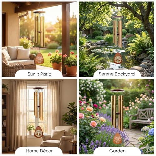 Memorial Wind Chimes for Outside, Golden Teardrop Pendant, Deep Tone 6 Aluminum Tubes & Pine Wood, Sympathy Gift for Loss of Loved One, Acrylic Heart Letter from Heaven, Keepsake Keychain - color: Gold Teardrop Design