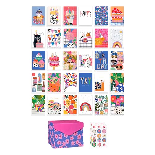 American Greetings 33-Count All-Occasion Card Pack designed by Stop the Clock, Assorted Colorful Illustrated Designs with Keepsake Box - color: STC AO DELUXE 30 CARD BUNDLE