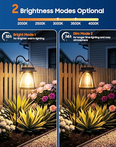 Outdoor Hanging Solar Lanterns, IP65, 2 Brightness Modes, 2 Pack | Warm white light with 2 brightness modes, 8–12 hour runtime and dusk-to-dawn sensor for patios, porches, yards and camping