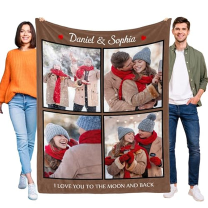 D-Story Custom Blanket with Photos Text Personalized Blankets and Throws Customized Fleece Picture Blanket for Adult Kid Funny Birthday Gifts for Couple Wife Husband Family 4 Photos - color: B1-4 Photos