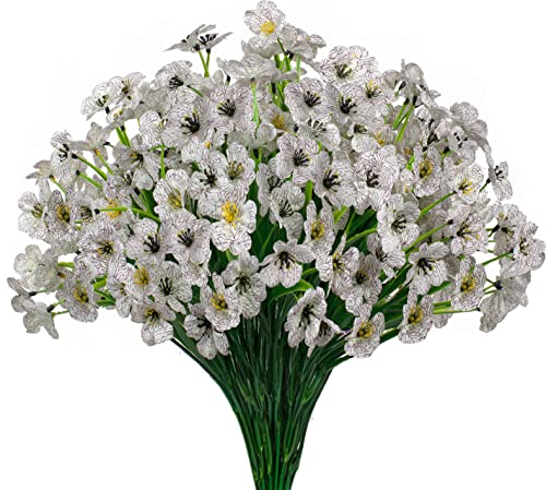 15 Bundles Artificial Flowers UV Resistant Outdoor Plants No Fade Faux Plastic Shrubs Fake Silk Flowers Window Box Garden Porch Home Decoration(White) - color: White