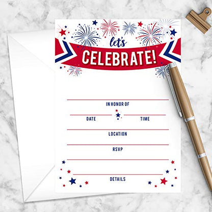 Canopy Street Patriotic Party Invitations / 25 American Event Invites / 5" x 7" Flat Invite Cards With White Envelopes/Red White And Blue Invites/Made In The USA - style: Fireworks