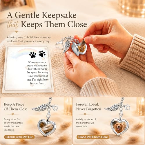 Pet Fur Keepsake Memorial Locket for Dog Cat Hair Photo, Rainbow Bridge Pet Loss Gift with Angel Wing Paw Print Ornament, Pet Sympathy Memorial Keepsake for Grieving Pet Owner Dog Mom Cat Mom