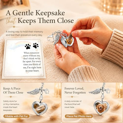 Pet Fur Keepsake Memorial Locket for Dog Cat Hair Photo, Rainbow Bridge Pet Loss Gift with Angel Wing Paw Print Ornament, Pet Sympathy Memorial Keepsake for Grieving Pet Owner Dog Mom Cat Mom
