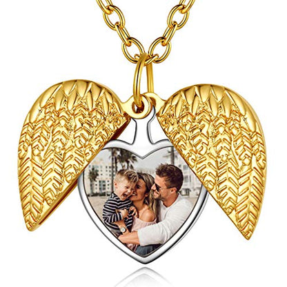 Custom4U Personalized Heart Locket Necklace with Pictures,Sunflower/Angel Wings/Heart Shaped Lockets Custom Photo,Gold/Rose Gold/White Lockets That Holds Picture,Customized Memorial Jewelry for Women - color: C-Angel Wings-Gold(Locket + Photo + Engraving)