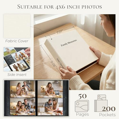 Vienrose Family Photo Album 4x6 200 Pockets Photo Window Beige | Cloth Cover，Family Crystal Stickers，Tweezers，Acid Free Pages - color: Famliy theme, size: 200k