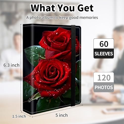 Photo Album 4x6 120 Pockets Photos with Elastic Band, PU Leather Photo Books Small Mini Capacity Picture Album for Family Wedding Travel Anniversary Baby Vacation Pictures, Red Rose Flowers - color: Red Rose Flowers