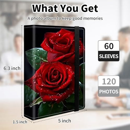Photo Album 4x6 120 Pockets Photos with Elastic Band, PU Leather Photo Books Small Mini Capacity Picture Album for Family Wedding Travel Anniversary Baby Vacation Pictures, Red Rose Flowers - color: Red Rose Flowers