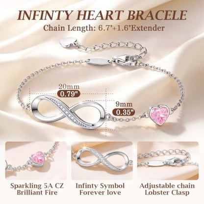 CDE 925 Sterling Silver Infinity Birthstone Bracelet Jewelry Gift for Women | Hypoallergenic,Non Tarnish,Heart CZ,Nickel-Free & Lead-Free,Anniversary Christmas Birthday Idea Gifts for Wife Girlfriend Her - color: 10-Oct