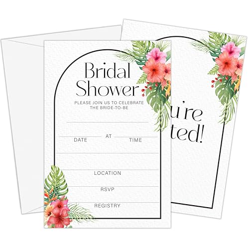 Hawaiian Beach Bridal Shower Invitations | Summer Bridal Shower, 25 Tropical Floral Party Invites with Envelopes, Wedding Party Decorations-A09 - style: hawaiian floral