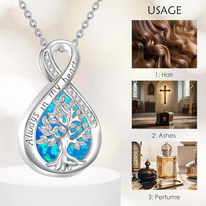 Diamond Tree of Life Urn Necklace for Ashes 925 Sterling Silver Family Tree of Life Cremation with Funnel Filler Ash Holder Keepsake Memorial Jewelry Gifts for Women,18+2 inch - style: Style 2-Blue Opal