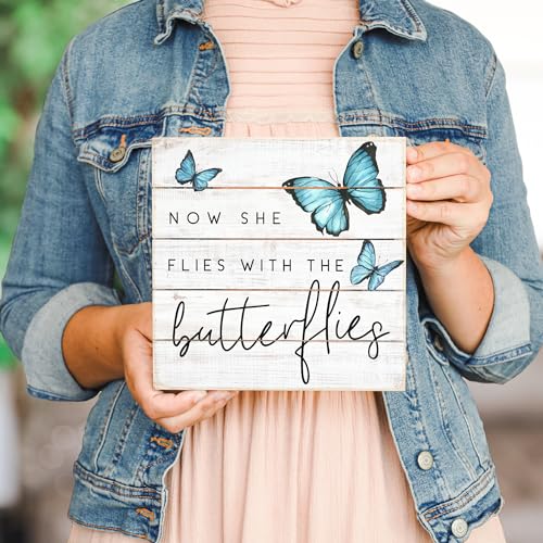 Simply Said, INC Perfect Pallets Petites Bereavement Decor, Now She Flies With Butterflies, 8 inch Wood Sign, Made in USA, PET19058 - color: Butterflies