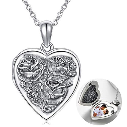 MEDWISE 925 Sterling Silver Locket Necklace That Holds Pictures Photo Necklace Oxidized Rose Flower/Sunflower/Compass/Celtic Heart Pendnat Lockets Gifts for Women Birthday Christmas Gifts - style: D-Oxidized Rose Flower