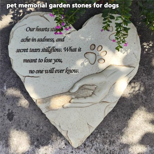 jinhuoba Dog Pet Memorial Stones, Heart-Shaped Loss of Pet Dog Grave Stone Headstones Memorial Gifts Remembrance Gifts with Sympathy Poem and Paw in Hand Design, Resin, White, 9.7" X 9.3"