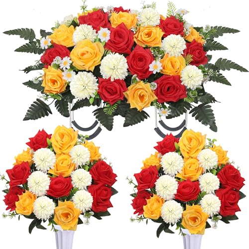 Lodou 3Pack Cemetery Decorations for Grave Large Headstone Flower Saddle Artificial Rose Bouquets with Vases for Outdoor Grave Headstone Decorations(Red Yellow) - color: Red Yellow