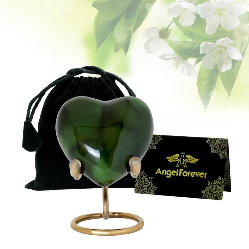 Heart Urn with Stand & Box Keepsake Urn for Human Ashes Mini Cremation Urn for Men & Women (Dark Green) - color: Dark Green